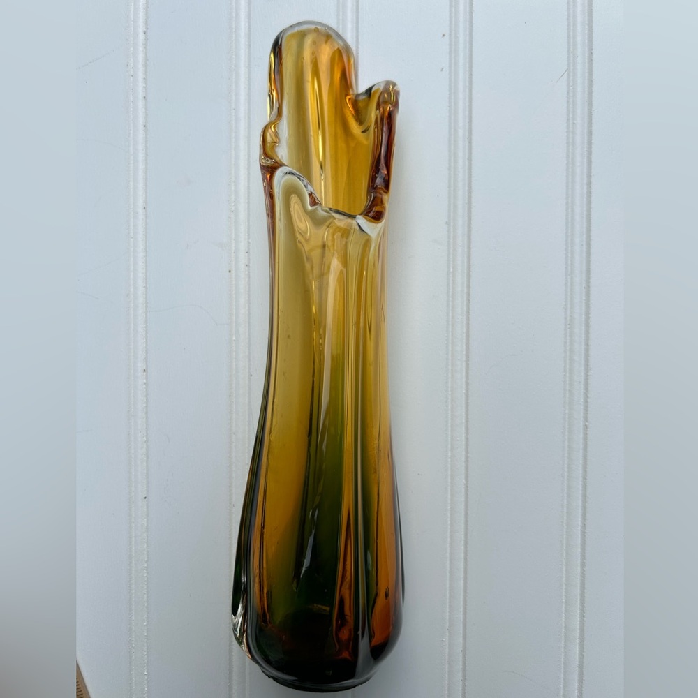 Vintage Vase Swung MCM Amber Green Multicolor Art Glass Ribbed 11 Inch Tall